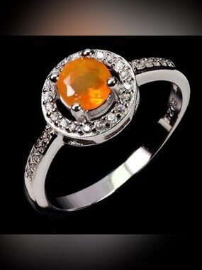 Vibrant Natural Orange Fire Opal with Zircon Halo 925 Sterling Silver Ring Sz 6